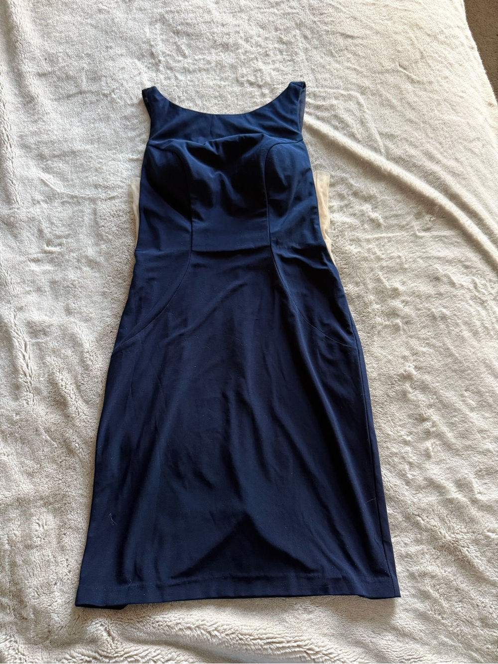 Faviana Navy Mini above knee bodycon Dress with Nude Side Insets open back 4